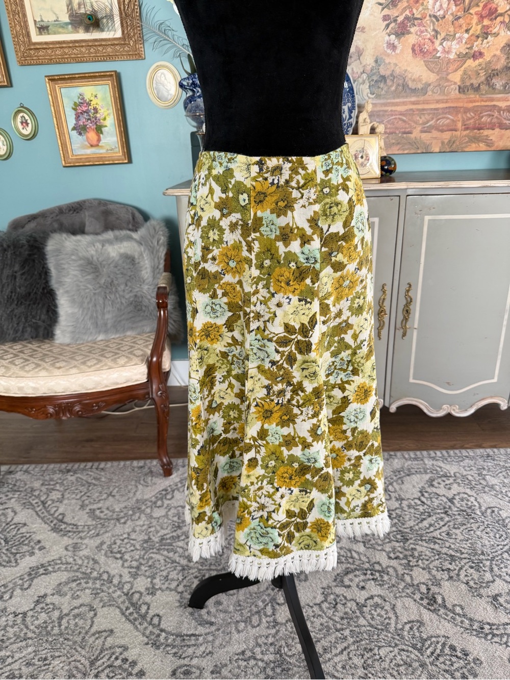 Vintage Floral Maxi Skirt with Fringe in Mustard Green